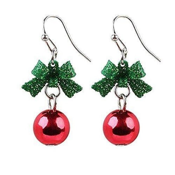 Christmas Green Ornament KnotBow Ball Dangle Earrings - Picture 1 of 2
